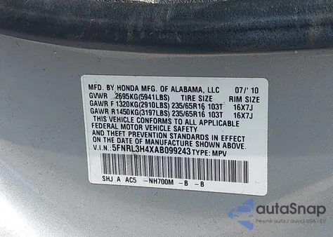 2010 Honda Odyssey Ex z USA, uszkodzony, nr VIN 5FNRL3H4XAB099243